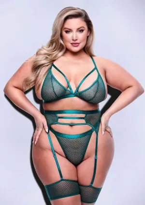 3 Piece Green Strappy Bra. Garter & Panty Set