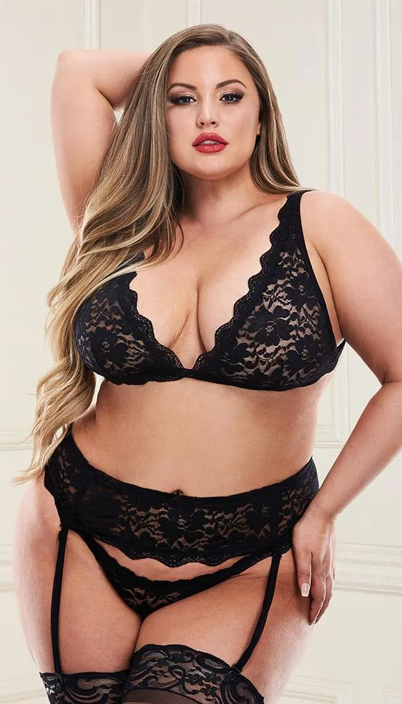 Flirty Lace Bralette. Lace Garter Skirt & Matching G-String Set